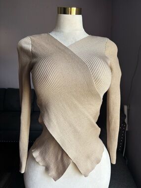 New Look Beige Wrap Ribbed Long Sleeve Top